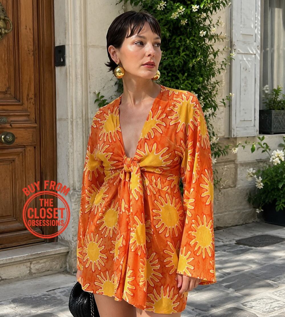 Mango x Simon Miller NWT Orange Sun Print Knot Mini Dress 6